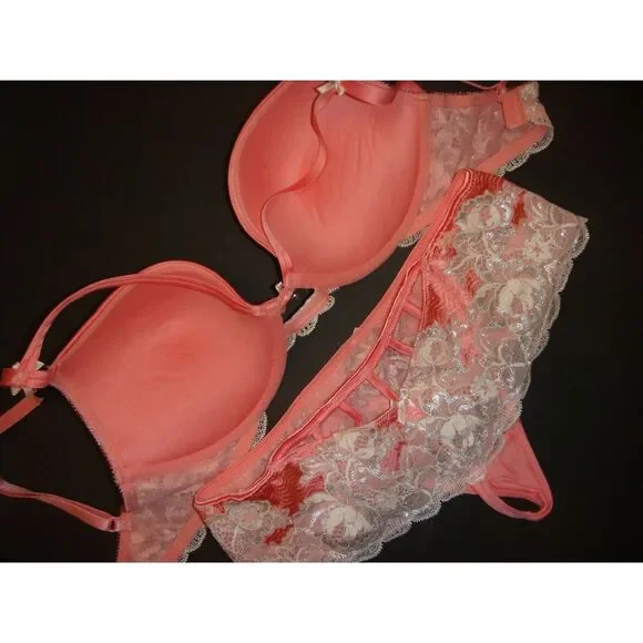 Victoria's Secret 32D,32DDD BRA SET S thongs ORANGE SILVER WHITE SEXY SEDUCTION